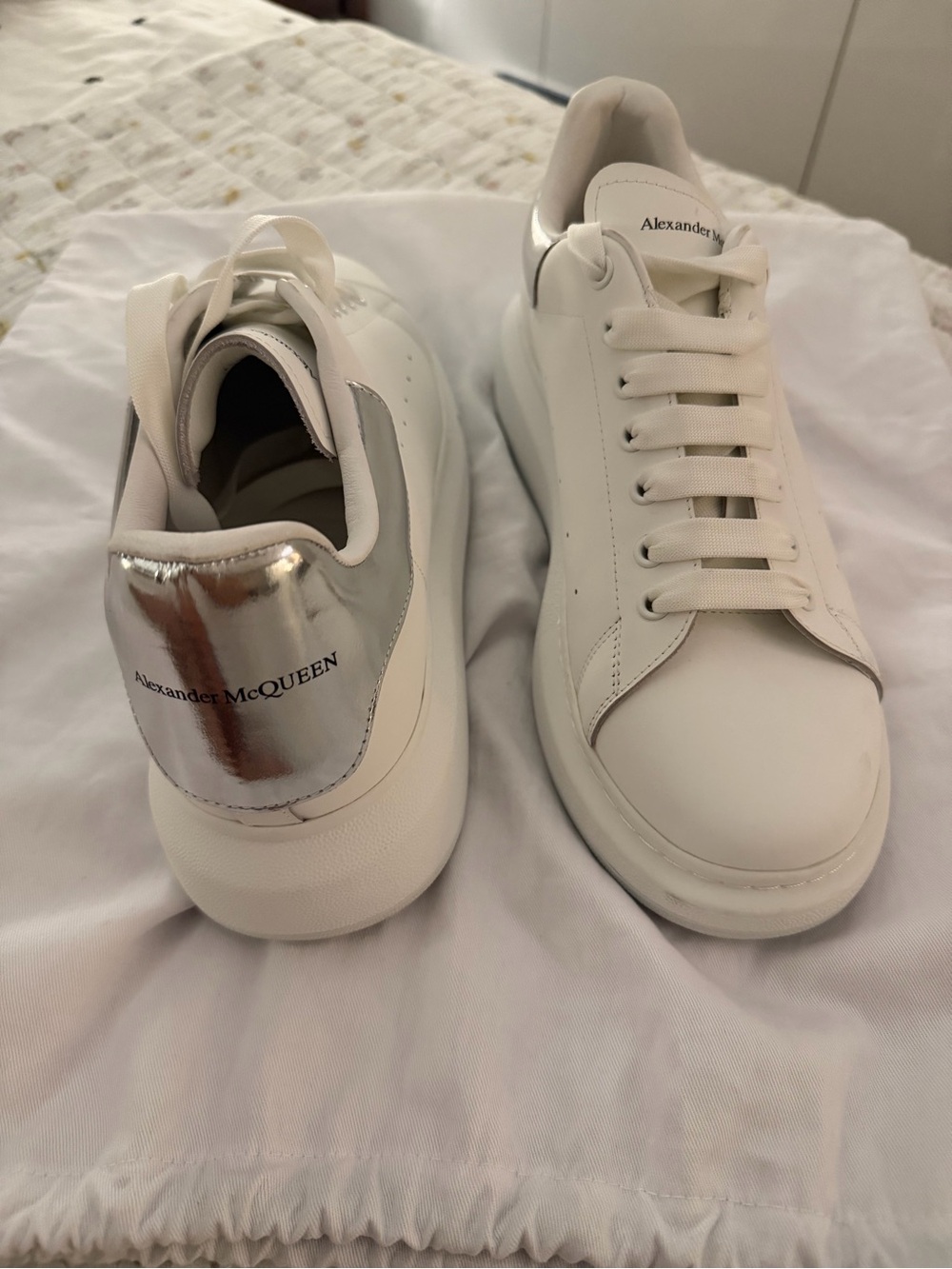Alexander McQueen White Leather Sneakers with Silver Heel Tab
